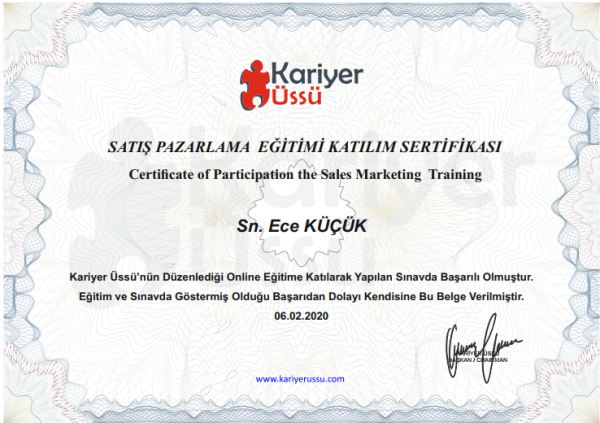 Satış Pazarlama Eğitimi Sertifikası